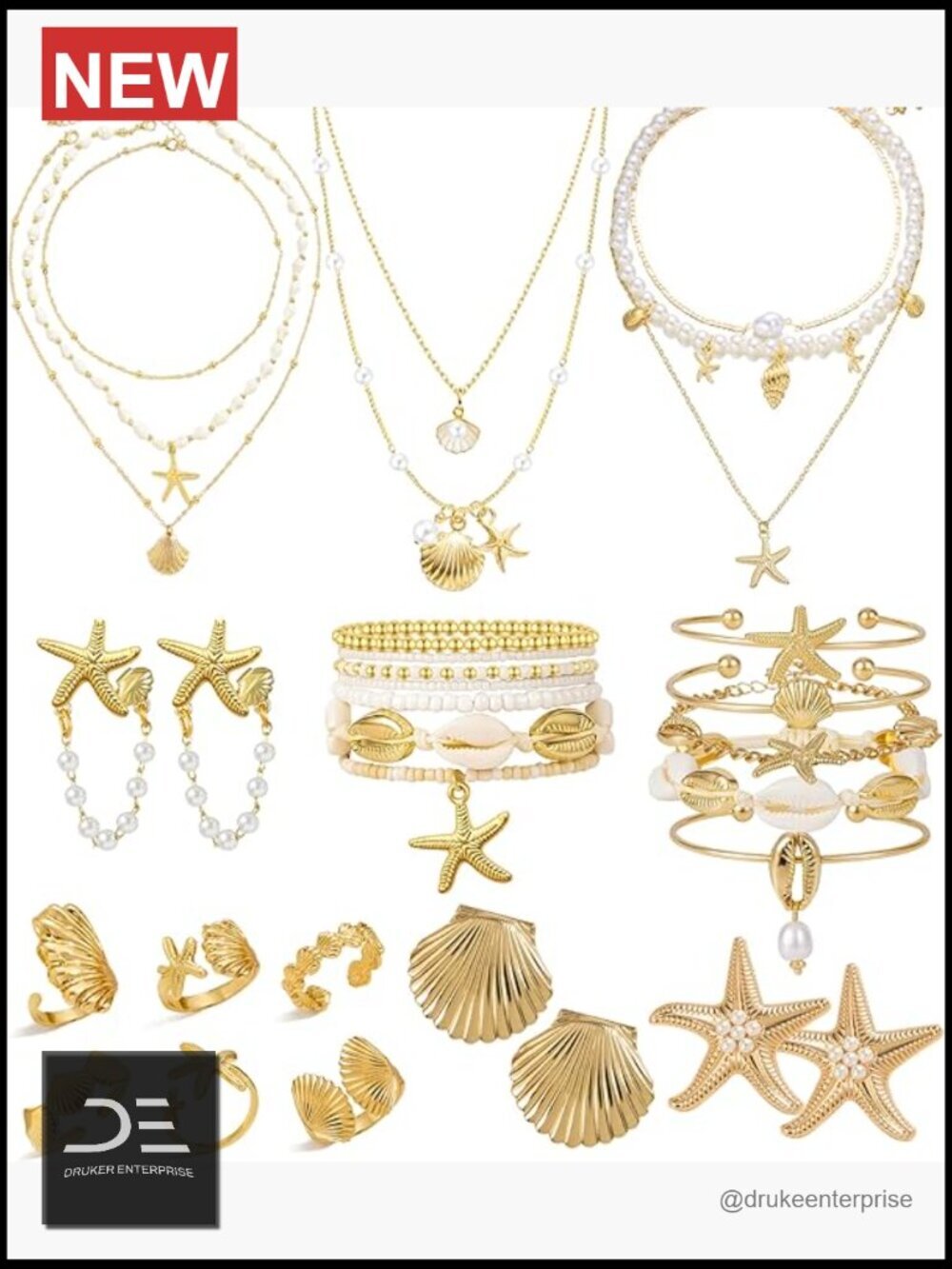 32-Piece Starfish Seashell Jewelry Set with Necklace, Bracelets, Rings, Earrings